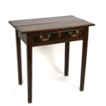 An 18th century oak side table with single frieze drawer on square chamfered tapering legs, 72cms (