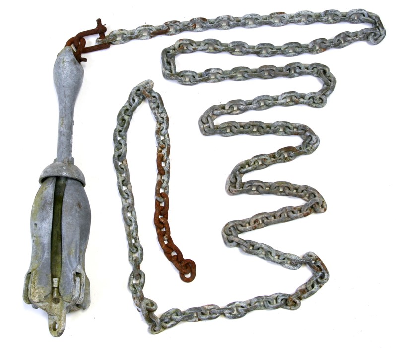 A four fluke Folding Grapnel (Reef) Anchor with chain. 41cms (16ins) high