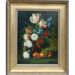 J L Jensen (20th century school) - Still Life of Flowers and Fruit - signed, oil on board, framed,