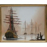 20th century school - Sailing Ships in the Harbour - indistinctly signed lower left, oil on