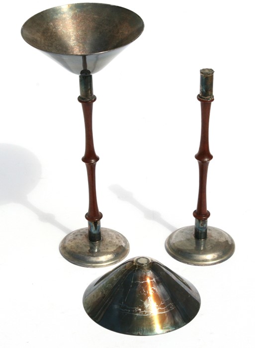 A pair of Austrian Hammercraft silver plated stands with turned mahogany columns, 24cms (9.5ins) - Image 2 of 2