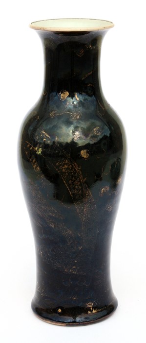 A Chinese baluster vase with gilt decoration on a black ground with six character Kangxi mark to the