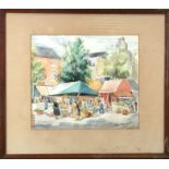 Raymond Malstrom - The Market Place, Dinnard - watercolour, framed & glazed, label to verso, 37 by