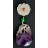 A Chinese jade flower brooch with carved amethyst peach drop, 9cms (3.5ins) high.Condition