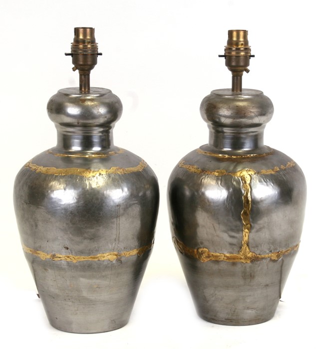 A pair of modern metal table lamps. 38cm (15 ins) high