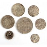 A Charles II silver crown, 1680, and other silver coinage.