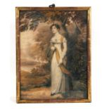 19th century British school - a full length portrait of a Regency Lady in a landscape scene,