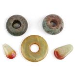 Three Chinese jade Bi discs; together with two other similar (5).