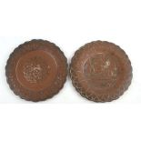 Two Cairo ware copper dishes with silver overlay, 19cms (7.5ins) diameter (2).