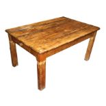 A pine farmhouse kitchen table with single frieze drawer, on square legs, 153cms (60.2ins) wide.