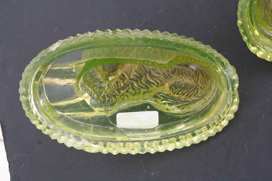 A pair of Victorian pressed uranium glass Newfoundland dogs on plinths, 18cms (7ins) long; together - Image 2 of 5