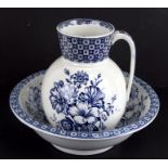 A blue & white Lorne pattern jug & bowl set, retailed by Maple & Co., 25cms (9.75ins) high.
