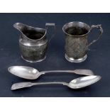 A quantity of assorted silver items comprising two George III Fiddle pattern serving spoons,