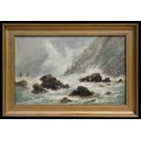 William Bell (modern British) - Rough Seas near Parkhead, Cornwall - oil on canvas, signed to verso,