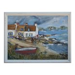 Rina Stoner (modern British) - Cottages by the Sea - oil on canvas, signed lower left, framed, 41 by