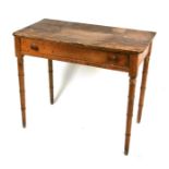 A late 19th century pine side table with single frieze drawer, on faux bamboo legs, 84cms (33ins)