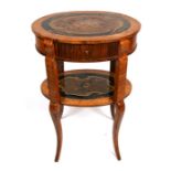 A continental inlaid two-tier oval occasional table with single frieze drawer, 54cms (21.25ins)