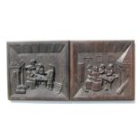 A pair of Flemish school carved oak panels, each carved with tavern scenes, one with inscription