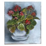 Modern British - Red Flowers in a Pot - oil on canvas, unframed, 26 by 31cms (10.25 by 12.25ins).