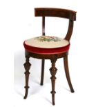 A late 19th century cellist chair with upholstered seat, on turned front supports.