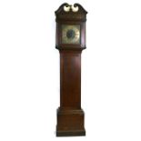 A longcase clock, the 28cm (11ins) square brass dial with Roman numerals and Arabic numerals, date