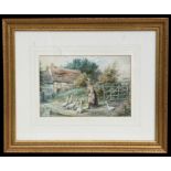In the manner of Myles Birket Foster - A Young Girl Feeding Geese - watercolour, framed & glazed, 94