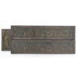 A group of brass rubbing plaques to include figures and friezes, the largest 99cms (39ins) high (