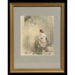 19th century continental school - Two Women Gossiping - watercolour, framed & glazed, 21 by 25cms (