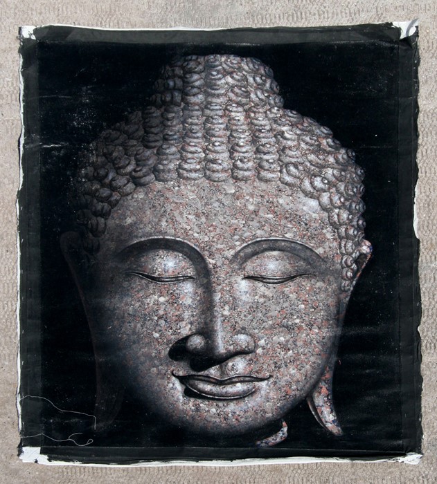 A monochrome painting of Buddha, unframed, 158 by 111cms (62.25 by 43.5ins).