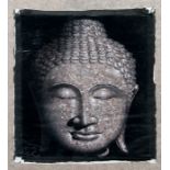 A monochrome painting of Buddha, unframed, 158 by 111cms (62.25 by 43.5ins).