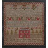 A 19th century sampler with embroidered text, red brick house and foliate borders and inscription '