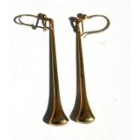 A pair of 9ct gold elongated drop earrings, weight 2.3g, 5.5cms (2.25ins) high.