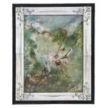 An ivory miniature depicting a courting couple in a landscape, watercolour, framed, 10 by 13.5cms (4
