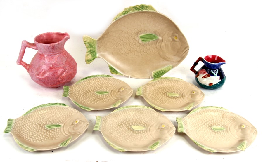 Six Shorter & Sons pottery fish plates, the largest 38cms (15ins) wide; together with a Shorter &