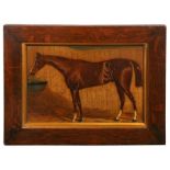 English school - A Chestnut Horse in its Stable - oil on panel, framed, 20 by 14cms (8 by 5.5ins).