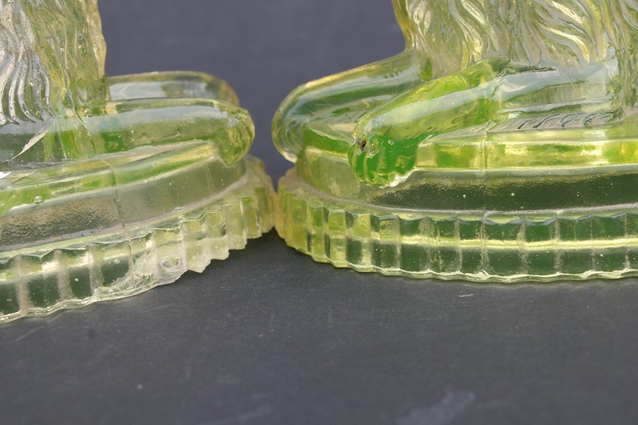 A pair of Victorian pressed uranium glass Newfoundland dogs on plinths, 18cms (7ins) long; together - Image 4 of 5