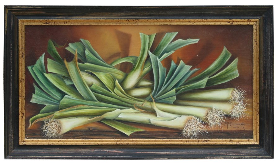 McCulloch (modern British) - Still Life of Leeks - signed lower right, oil on board, framed, 51 by