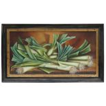 McCulloch (modern British) - Still Life of Leeks - signed lower right, oil on board, framed, 51 by