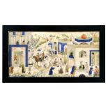 A Persian panel depicting a town scene, framed, 20 by 10cms (8 by 4ins).