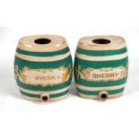 A large pair of pottery barrels, Whisky and Sherry, each 26cms (10ins) wide (2).