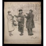 George Blake - a cartoon depicting two ladies and a gentleman standing next to park railings,