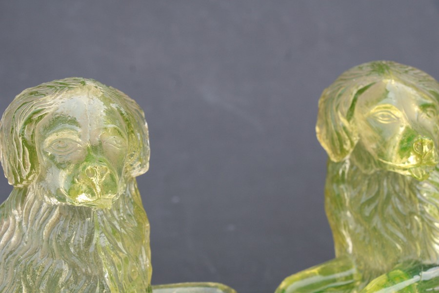 A pair of Victorian pressed uranium glass Newfoundland dogs on plinths, 18cms (7ins) long; together - Image 5 of 5