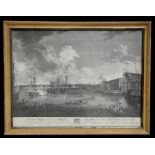 An 18th century engraving of Deptford Docks, framed and glazed. 46 by 34cm ( 18 by 13.25 ins)