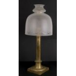 A George III style brass candle lamp with etched frosted glass shade, 65cms (25.5ins) high.