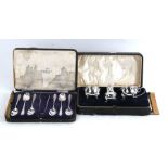 A boxed set of Walker & Hall silver teaspoons, Sheffield 1918, with associated silver sugar tongs;