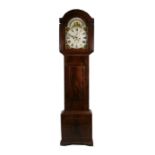 A longcase clock, the 30cms (12ins) painted square arched dial with Roman numerals, subsidiary