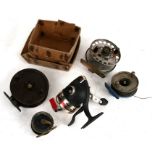 An Allcocks Aerialite centre pin fishing reel, 10cms (4ins) diameter, boxed; together with a