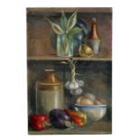 Modern British - Still Life of a Kitchen Larder with Garlic, Peppers & Jugs - oil on canvas,