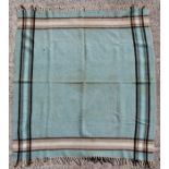 A 19th century wool blanket (possibly Welsh) with tasselled ends, woven in pastel shades of blue and