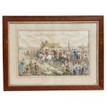 A 19th century hand coloured engraving depicting a hunt scene with followers, framed, 52 by 33cms (